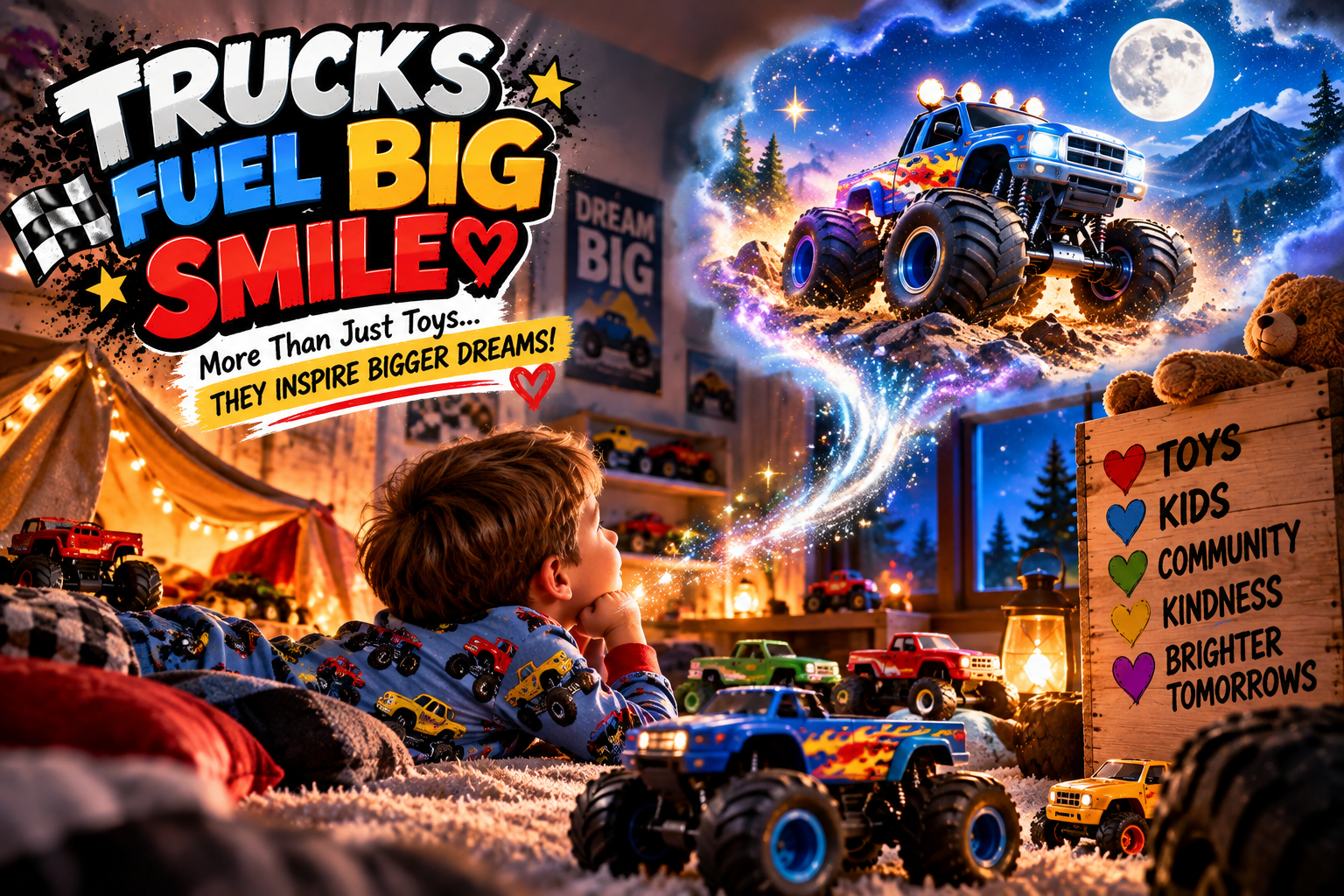 Child playing with toy trucks while imagining a giant blue monster truck